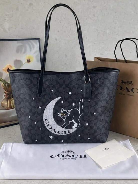 Coach Handbags - 👗COACH Black Signature Canvas Tote with Moon & Cat Motif